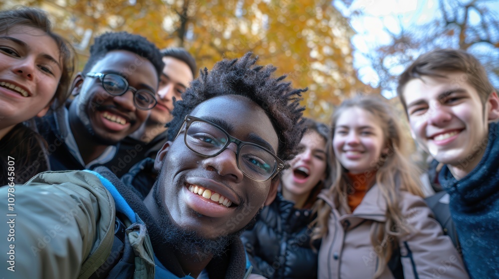 Group of young men taking selfies together at a university, showcasing diversity and friendship while engaging with social media and education Group of young men taking selfies together at a university, showcasing diversity and friendship while engaging with social media and education