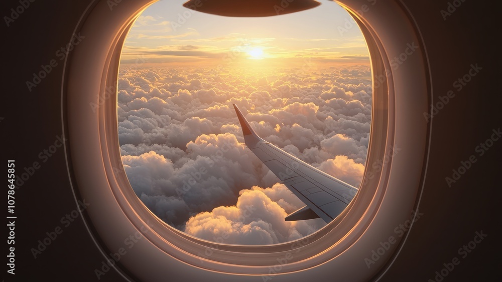 Fototapeta premium View of airplane wing above clouds during sunset from inside passenger cabin.