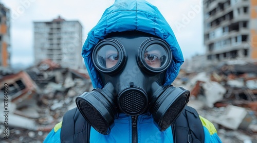 An individual in a gas mask stands amid a desolate landscape peppered with decaying urban ruin and a chillingly quiet atmosphere. photo