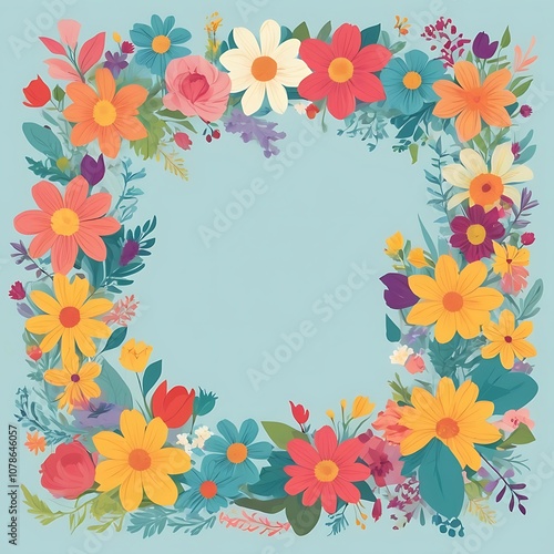 Colorful Floral Frame with Light Blue Background