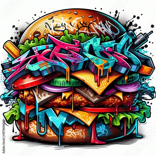 Graffiti Tag Burger A burger depicted in vibrant bold graffiti s
