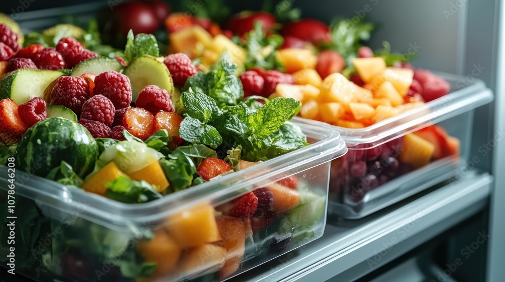 Assorted fresh fruits including strawberries, melons, and greens arranged in transparent containers, showcasing a vibrant and healthy selection for storage. Assorted fresh fruits including strawberries, melons, and greens arranged in transparent containers, showcasing a vibrant and healthy selection for storage.