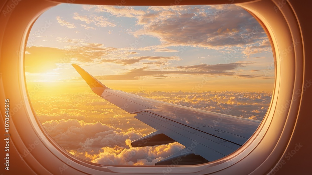 A stunning sunrise view from an airplane window showcasing clouds and wing. A stunning sunrise view from an airplane window showcasing clouds and wing.