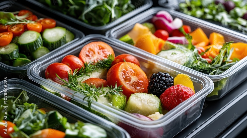 A bright assortment of vegetables and fruits featuring tomatoes, cucumbers, and berries in clear containers, ideal for a fresh and healthy lifestyle approach. A bright assortment of vegetables and fruits featuring tomatoes, cucumbers, and berries in clear containers, ideal for a fresh and healthy lifestyle approach.