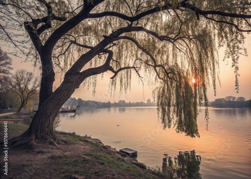 Vintage Style Photography of a Serene Weeping Willow Tree by a Tranquil Lake at Sunset, Capturing Nature's Beauty and Timeless Charm in Pastel Hues