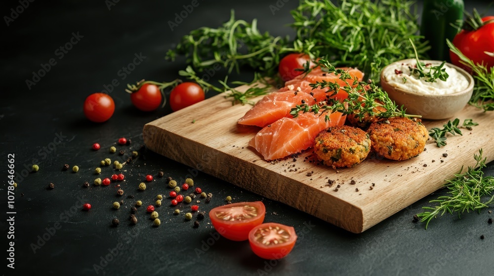 This image features fresh salmon pieces alongside herbs and spices on a wooden board, set against a dark background, symbolizing gourmet cuisine and elegance. This image features fresh salmon pieces alongside herbs and spices on a wooden board, set against a dark background, symbolizing gourmet cuisine and elegance.