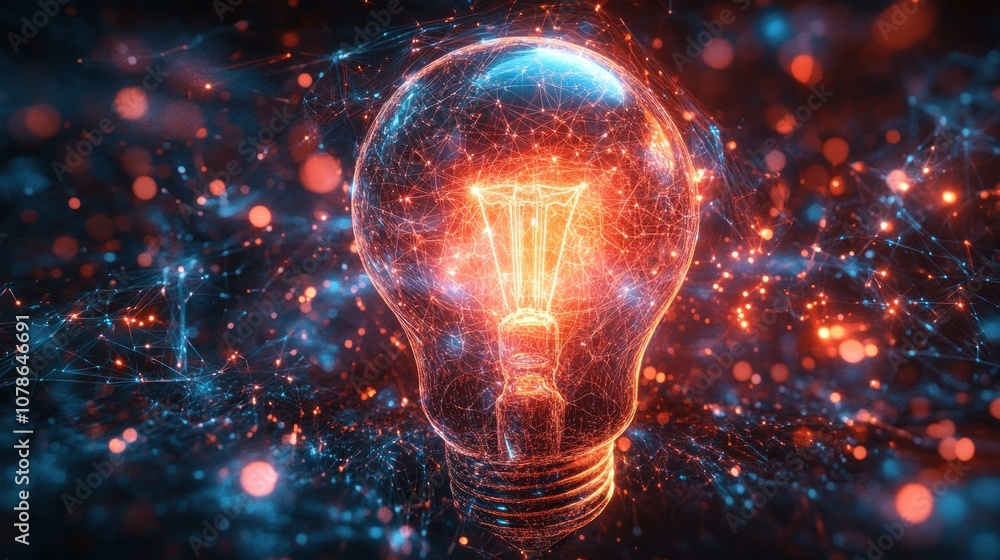 A glowing light bulb with a network of connections surrounding it. A glowing light bulb with a network of connections surrounding it.