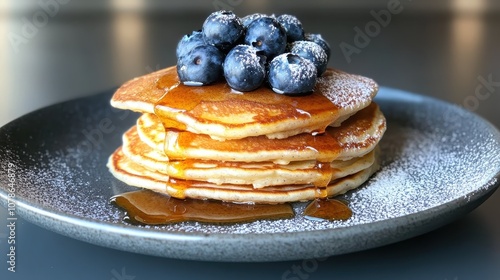 A delicious stack of fluffy pancakes topped with fresh blueberries and drizzled with syrup. This breakfast dish is beautifully presented on a gray plate. photo