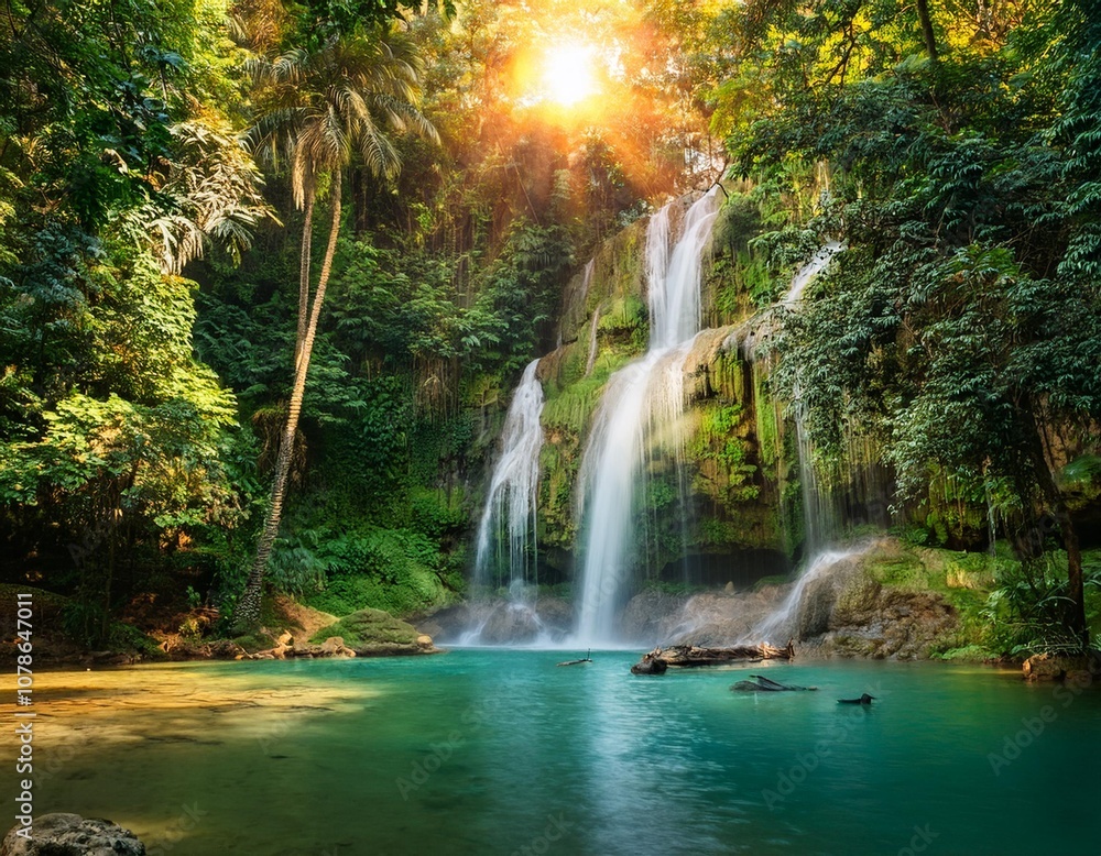 Obraz premium Crystal Clear Water Cascading Down a Hidden Jungle Waterfall, Surrounded by Thick Foliage and Vibrant Greenery, with Tropical Birds Echoing Through the Dense Forest Canopy