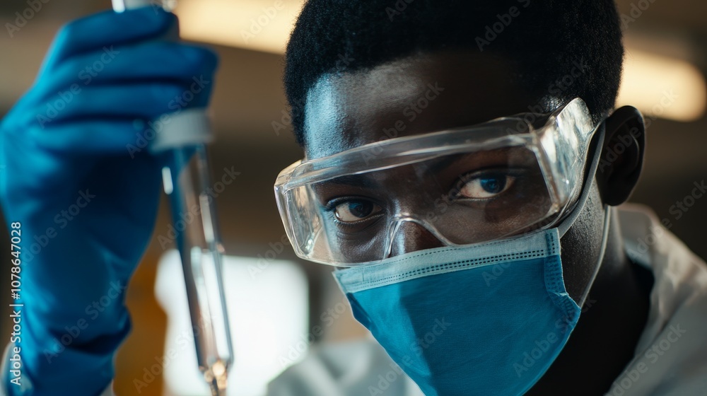 Close-up of a man wearing a protective mask holding a test sample in his hand, focused on laboratory work, chemical research, and safety procedures in a scientific environment Close-up of a man wearing a protective mask holding a test sample in his hand, focused on laboratory work, chemical research, and safety procedures in a scientific environment