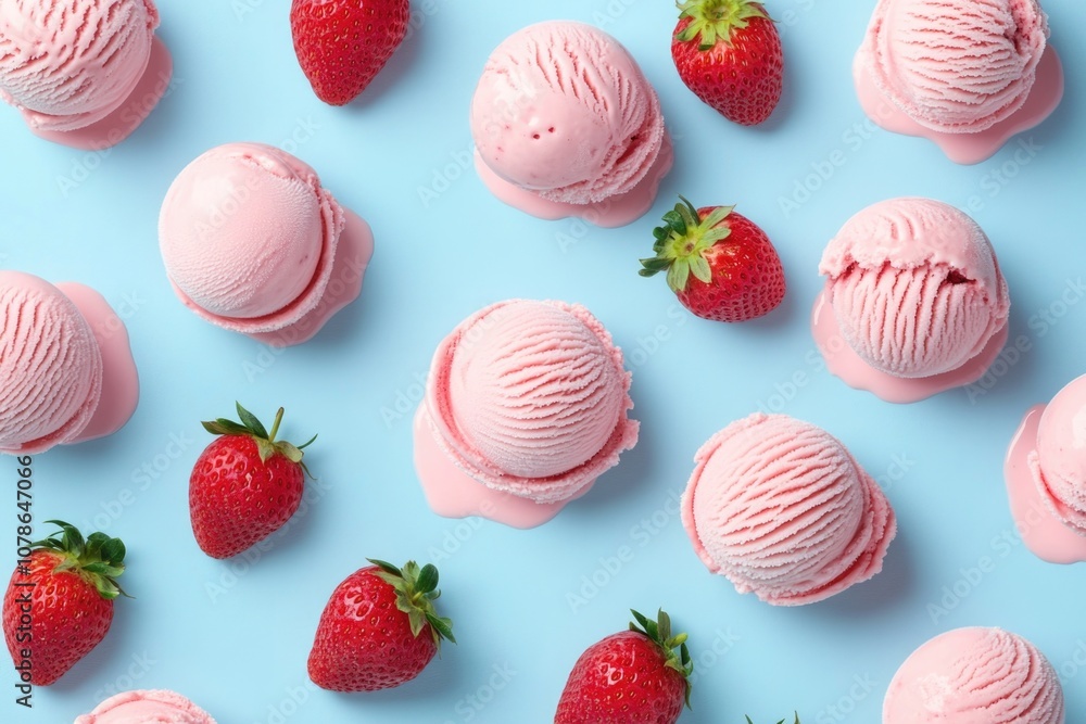 Pink ice cream scoops and fresh strawberries on a blue background. Pink ice cream scoops and fresh strawberries on a blue background.