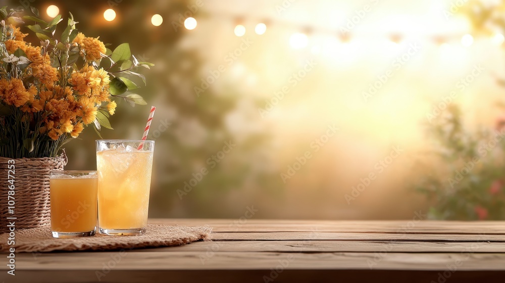 Two glasses of refreshing juices stand beside a vibrant floral arrangement in an outdoor setting, evoking feelings of relaxation and enjoyment during a sunny day. Two glasses of refreshing juices stand beside a vibrant floral arrangement in an outdoor setting, evoking feelings of relaxation and enjoyment during a sunny day.