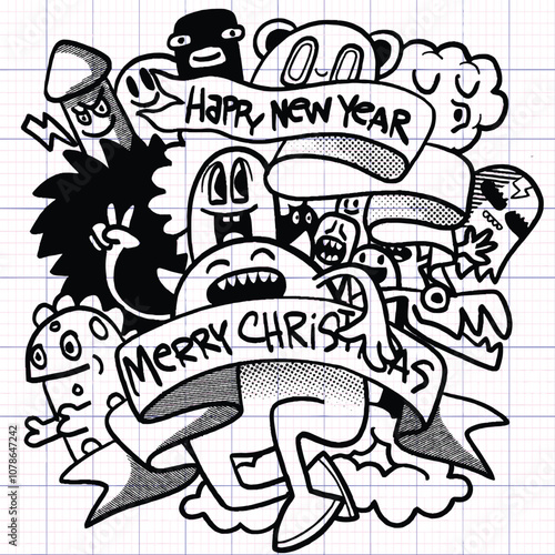 Playful doodle art featuring cartoon characters celebrating with Happy New Year and Merry Christmas banners. lively scene is filled with quirky expressions and festive cheer