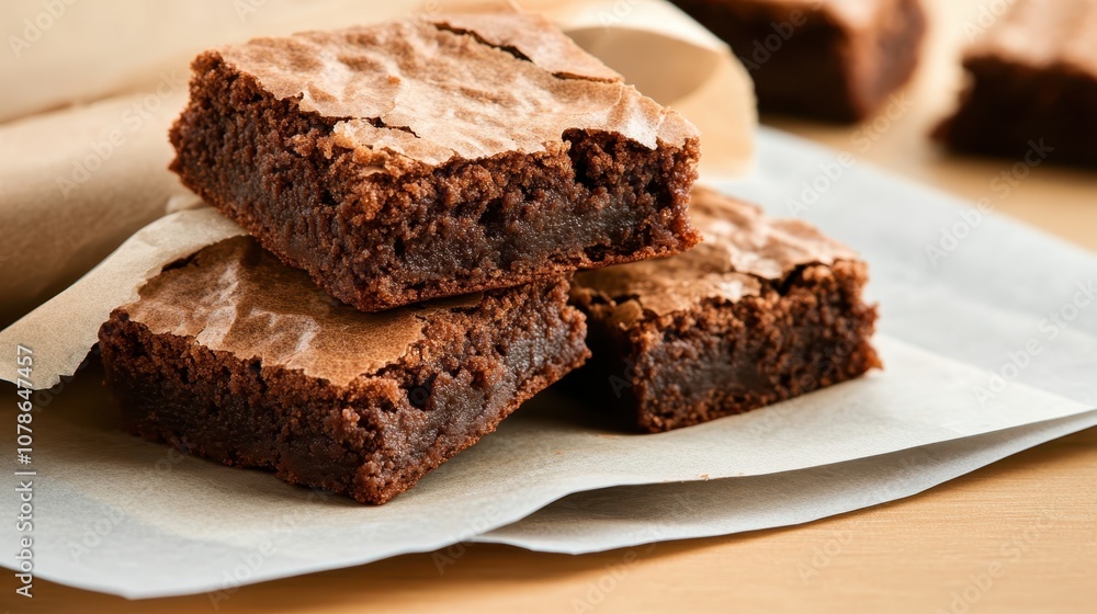 Three chocolate brownies resting on parchment paper, showcasing their fudgy, gooey interior and perfectly baked crust, ideal for a sweet treat indulgence. Three chocolate brownies resting on parchment paper, showcasing their fudgy, gooey interior and perfectly baked crust, ideal for a sweet treat indulgence.