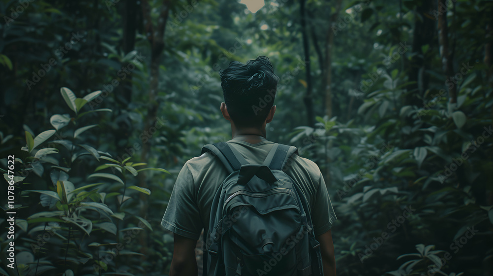Man Hiking Through Dense Forest Man Hiking Through Dense Forest