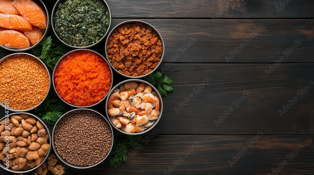 A visually striking assortment of spices, grains, and meats arranged in round tins on a wooden surface, offering a feast for the eyes and senses with rich textures. A visually striking assortment of spices, grains, and meats arranged in round tins on a wooden surface, offering a feast for the eyes and senses with rich textures.