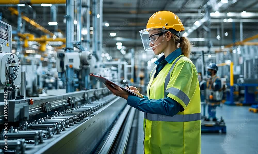 A worker in a safety helmet and reflective vest inspects machinery on a production line, utilizing a tablet to monitor operations in an industrial setting. A worker in a safety helmet and reflective vest inspects machinery on a production line, utilizing a tablet to monitor operations in an industrial setting.