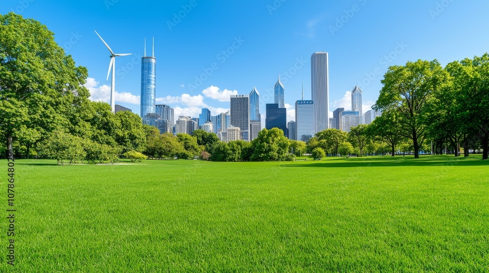 Fototapeta premium Symbolizing sustainable energy and environment-friendly development, a vibrant urban landscape features solar panels and wind turbines.