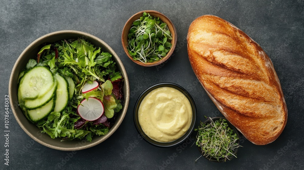 A vibrant garden salad with crispy greens, cucumber, radish slices, and a creamy dressing, accompanied by fresh crusty bread and healthy seed sprouts for dining enjoyment. A vibrant garden salad with crispy greens, cucumber, radish slices, and a creamy dressing, accompanied by fresh crusty bread and healthy seed sprouts for dining enjoyment.