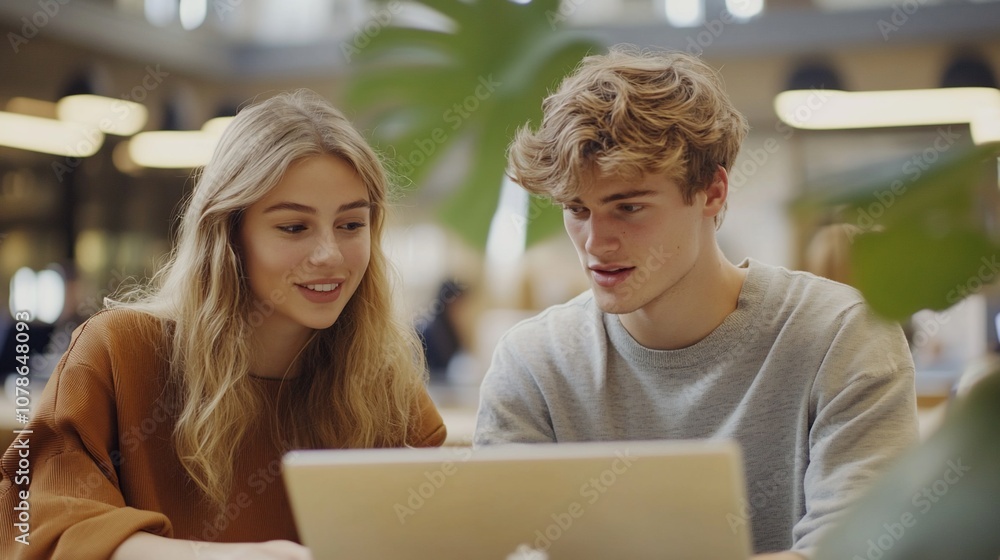 Young couple working together on a laptop in a modern cafe. Young couple working together on a laptop in a modern cafe.