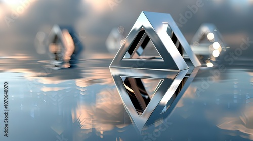 Penrose tribar on a reflective surface, creating interesting reflections and visual distortion.  photo