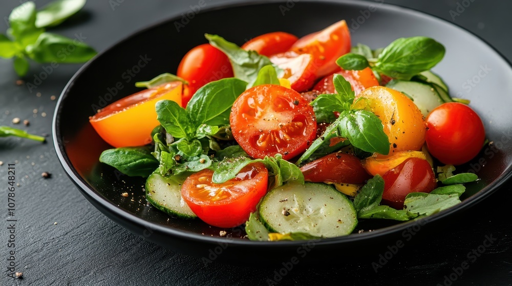 A vibrant salad brimming with slices of colorful tomatoes, fresh basil leaves, and cucumbers, set in a black bowl, displaying a delightful vegetarian meal. A vibrant salad brimming with slices of colorful tomatoes, fresh basil leaves, and cucumbers, set in a black bowl, displaying a delightful vegetarian meal.