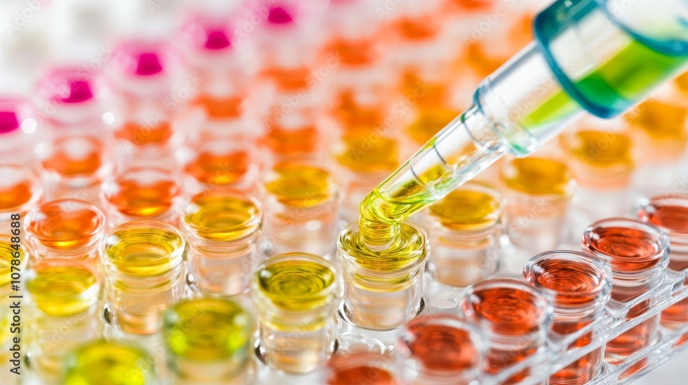 Close-up of a pipette dropping yellow liquid into test tubes in a pharmaceutical laboratory for medical research and analysis, filling sample tubes with an innovative DNA study solution Close-up of a pipette dropping yellow liquid into test tubes in a pharmaceutical laboratory for medical research and analysis, filling sample tubes with an innovative DNA study solution