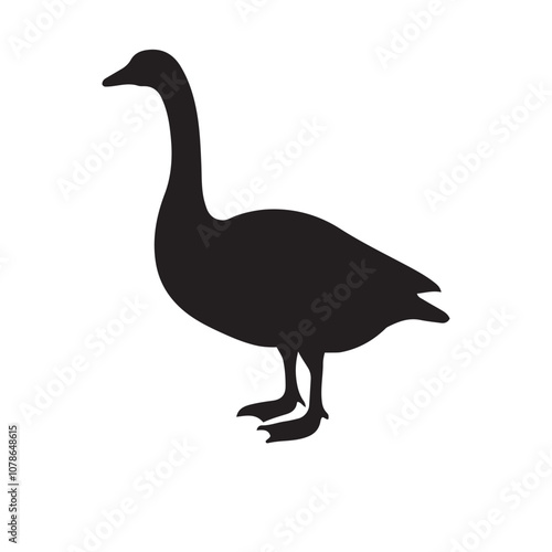 goose isolated on white, Black silhouette of goose. Isolated image of farm bird. Domestic amimal icon. Isolated image