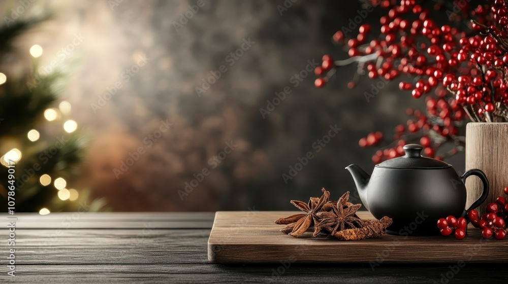 A charming black teapot placed on a wooden tray amidst decorative red berries and an elegant backdrop, symbolizing warmth, elegance, and the essence of winter. A charming black teapot placed on a wooden tray amidst decorative red berries and an elegant backdrop, symbolizing warmth, elegance, and the essence of winter.