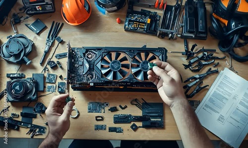 A workspace with computer hardware components, including a graphics card, tools, and various parts, indicating an assembly or repair process. photo