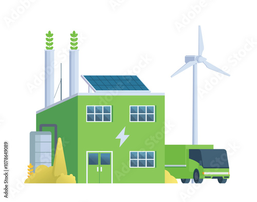 Green sustainable factory building vector illustration, flat style element for city and industry illustration