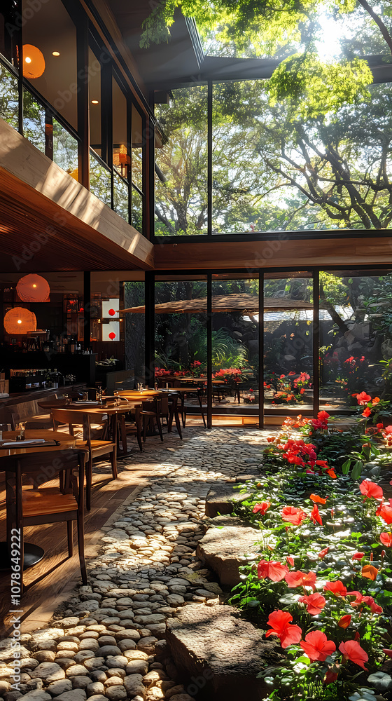 Fototapeta premium Tanzanian coffee meets Japanese tea cafe, restful. An oasis of calm, a flower garden, and a modern, clean environment