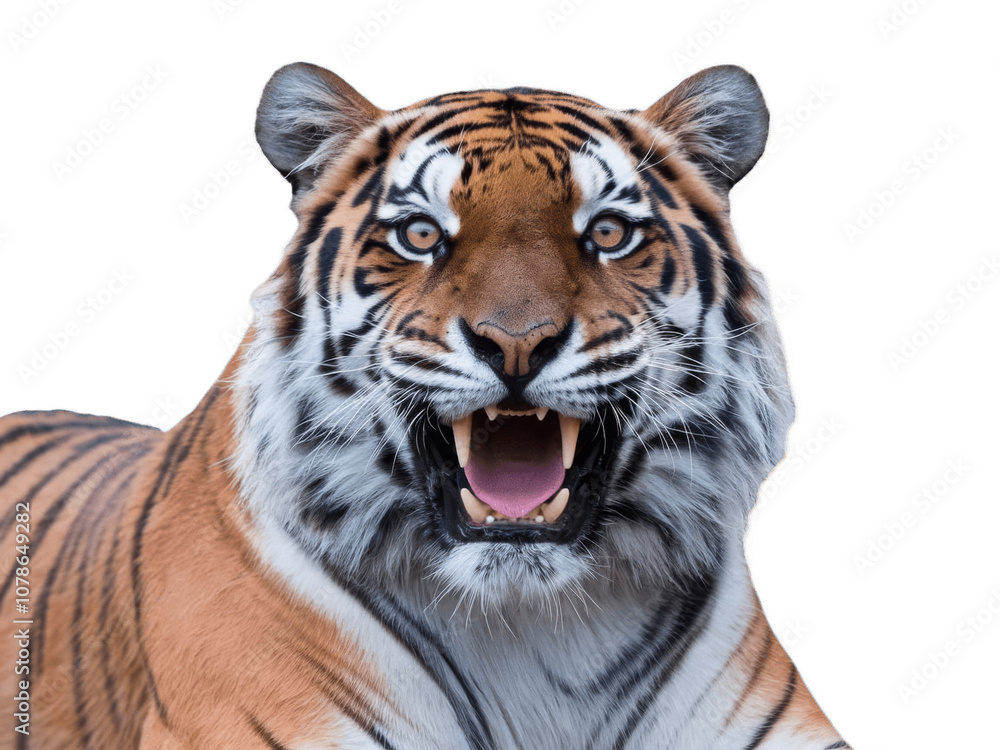 Naklejka premium Close-Up of a Striking Tiger with Mouth Open, Showcasing Sharp Teeth, Vivid Orange Fur, and Intense Yellow Eyes