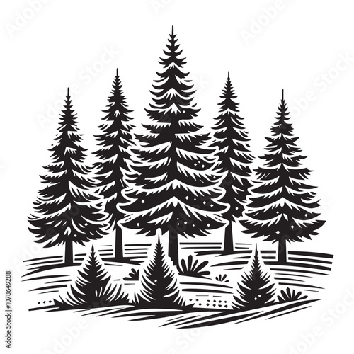 Serene Night in the Pine Forest. A stylized black and white illustration of a tranquil pine forest at night.