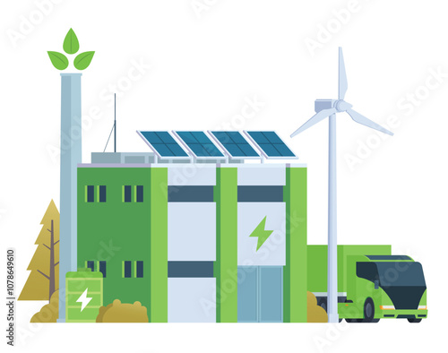 Green sustainable factory building vector illustration, flat style element for city and industry illustration