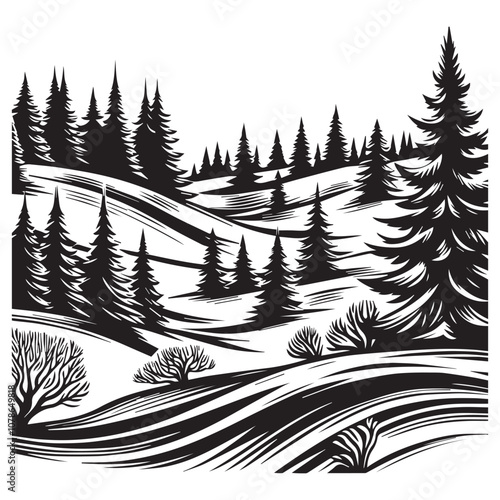 Serene Night in the Pine Forest. A stylized black and white illustration of a tranquil pine forest at night.