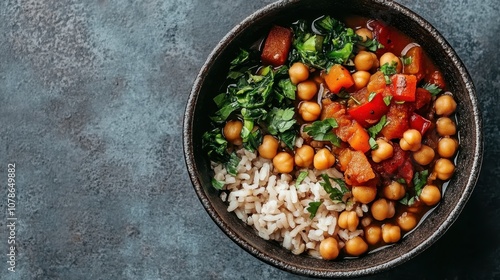 A hearty vegan bowl featuring a chickpea stew served alongside rice. Packed with fresh vegetables and herbs, it embodies a wholesome, plant-based dining experience. photo