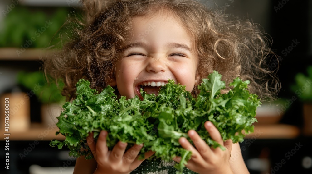 A joyful child with curly hair holds a bundle of fresh green leaves, showcasing happiness and playfulness in a wholesome setting filled with natural light. A joyful child with curly hair holds a bundle of fresh green leaves, showcasing happiness and playfulness in a wholesome setting filled with natural light.