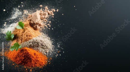 An array of colorful spices creatively arranged on a dark background, highlighting culinary art and the rich texture and aroma of seasoned ingredients. photo