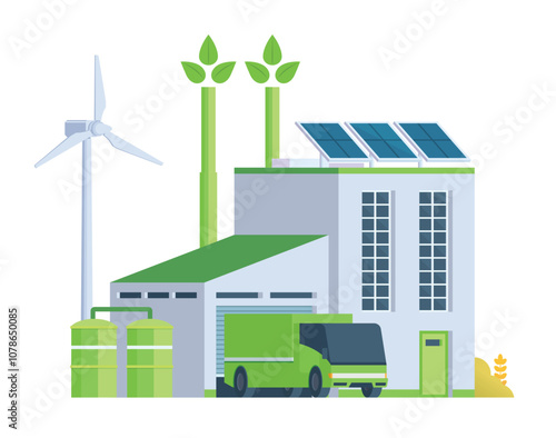 Green sustainable factory building vector illustration, flat style element for city and industry illustration