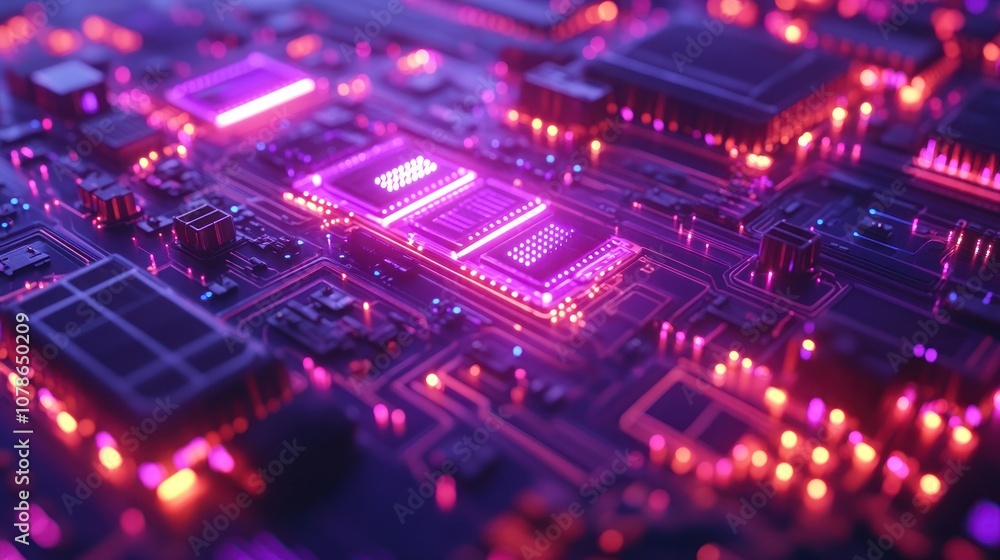 A glowing pink and blue CPU chip on a motherboard. A glowing pink and blue CPU chip on a motherboard.
