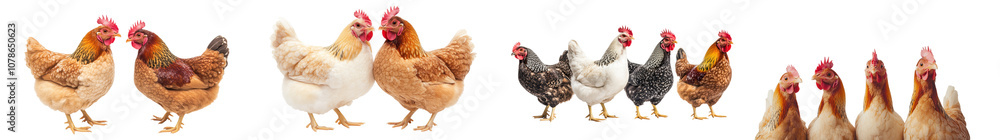 Fototapeta premium Diverse group of chickens including hens roosters and chicks in a farmyard setting