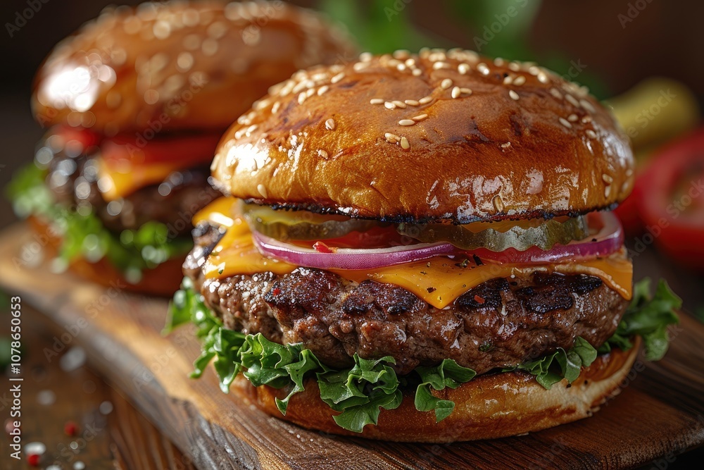 Juicy Cheeseburger with Sesame Seed Bun and Fresh Toppings Juicy Cheeseburger with Sesame Seed Bun and Fresh Toppings