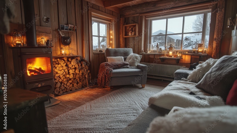 cozy interior of a Norwegian log cabin, warm fire, wool blankets, rustic Scandinavian decor