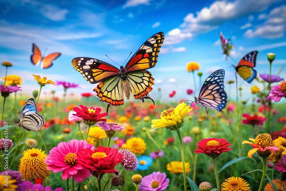 Vivid Display of Colorful Butterflies Amidst a Blooming Flower Field Capturing Nature's Beauty in Documentary Style Photography Vivid Display of Colorful Butterflies Amidst a Blooming Flower Field Capturing Nature's Beauty in Documentary Style Photography