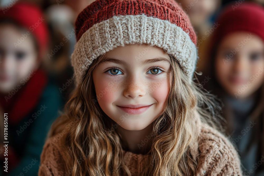 Generative AI image of a smiling girl in a red hat and sweater, celebrating the New Year at school with classmates in festive attire Generative AI image of a smiling girl in a red hat and sweater, celebrating the New Year at school with classmates in festive attire