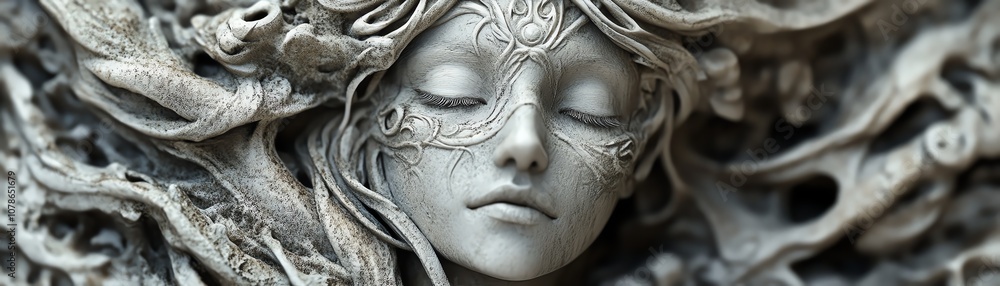 Intricate sculpture of a serene face surrounded by organic patterns and textures. Intricate sculpture of a serene face surrounded by organic patterns and textures.