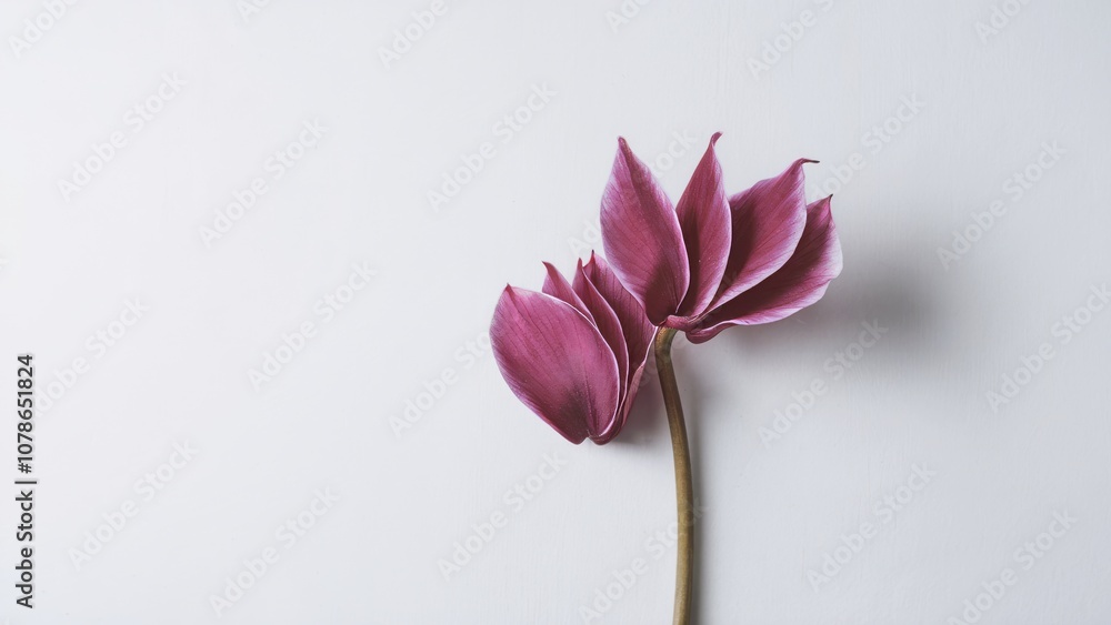 Elegant single pink cyclamen flower isolated on minimalist white background. Natural beauty concept Elegant single pink cyclamen flower isolated on minimalist white background. Natural beauty concept