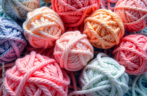 A collection of pastel-colored yarn balls sits together, ready for creative knitting or crocheting projects