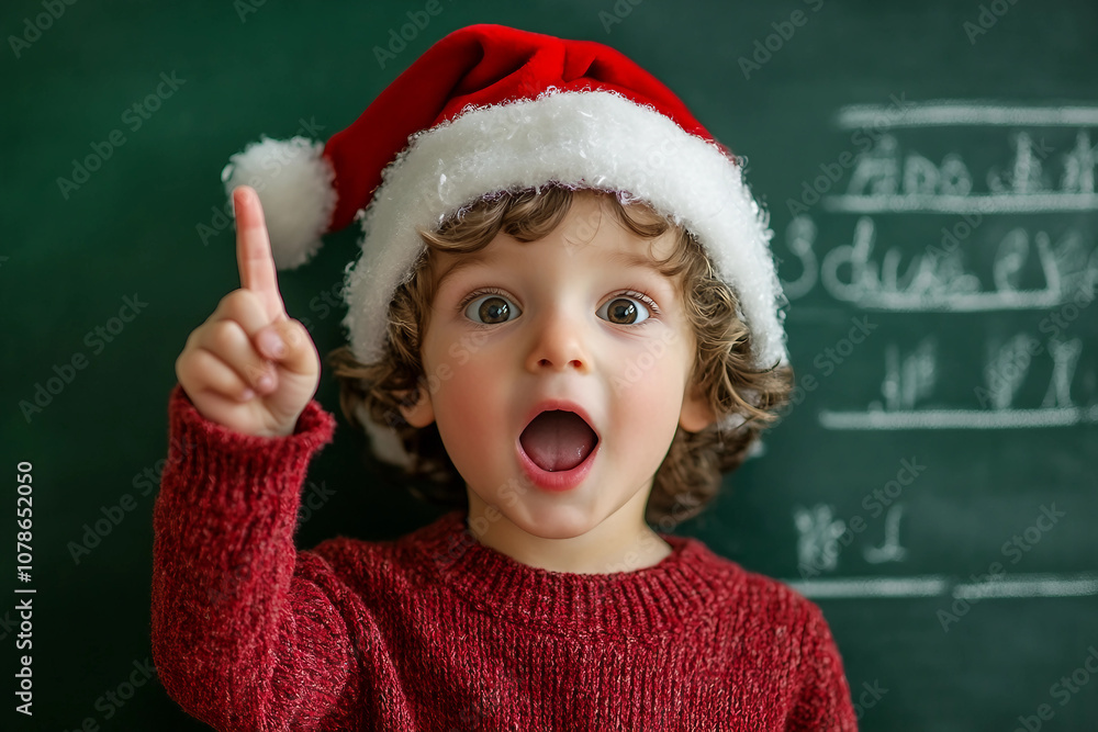 Generative AI image of a smiling girl in a red hat and sweater, celebrating the New Year at school with classmates in festive attire Generative AI image of a smiling girl in a red hat and sweater, celebrating the New Year at school with classmates in festive attire